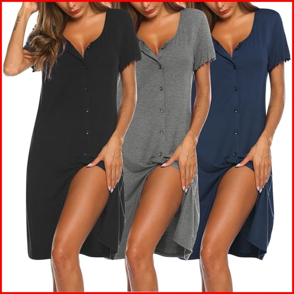 3-Pack Button Down Nightgowns Short Sleeve V-Neck Sleepwear Maternity Nursing